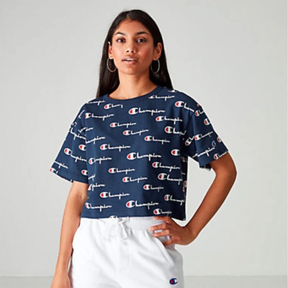 CHAMPION | Navy Blue Logo Boxy Crop Top Sz XL